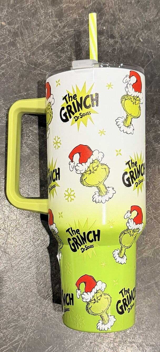 New Grinch Dr Seuss Tumbler with Straw and Lid Christmas Holiday With Handle
